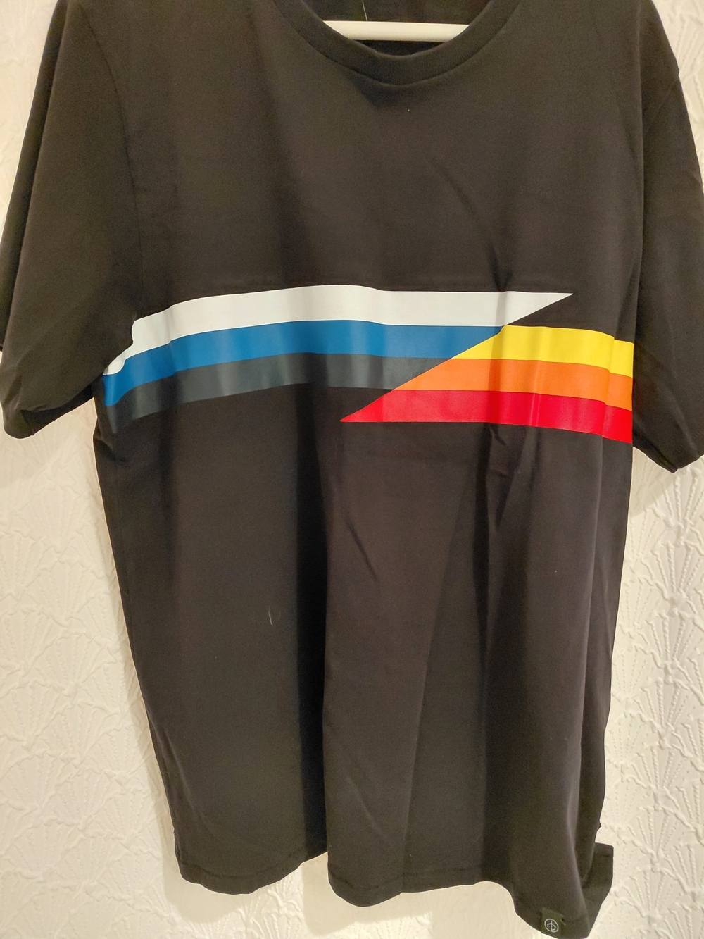 Rag & Bone Black SS Tee Blue, Gray, White,Yellow, Red Stripe Rainbow